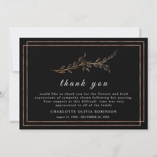 Elegant Black en Golden Floral Hartelijk dank Bedankkaart (Voorkant)