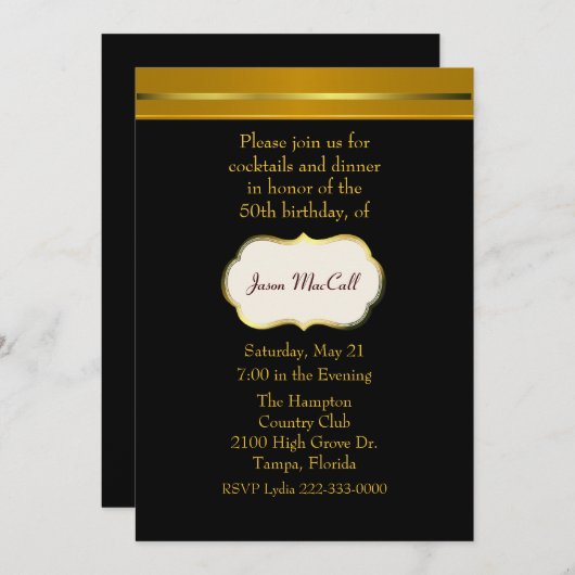 Elegant Black en Goldtone Invitation Kaart (Voorkant / Achterkant)