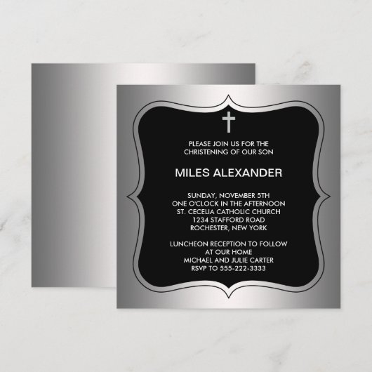 Elegant Black en Grey Christening Kaart (Voorkant / Achterkant)