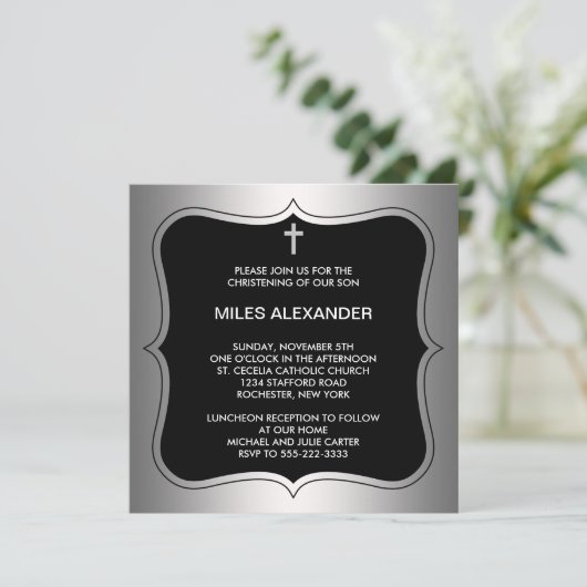 Elegant Black en Grey Christening Kaart (Staand voorkant)