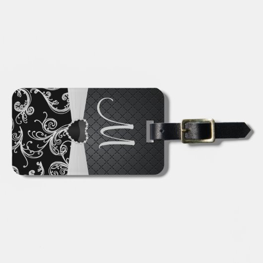Elegant Black en Grey Floral Pattern Bagagelabel (Voorkant horizontaal)