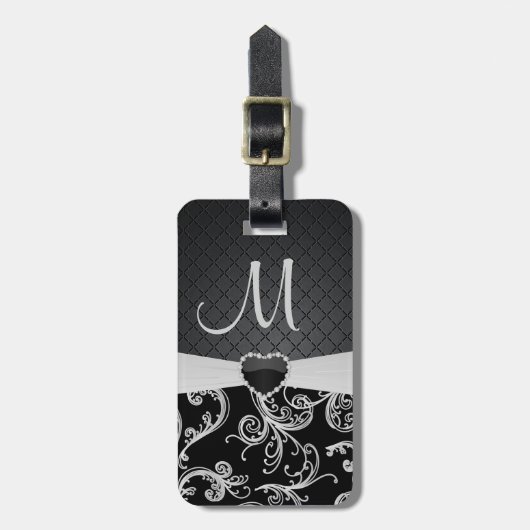Elegant Black en Grey Floral Pattern Bagagelabel (Voorkant verticaal)