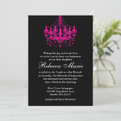 Elegant Black en Hot Pink Chandelier Bat Mitzvah Kaart (Staand voorkant)