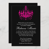 Elegant Black en Hot Pink Chandelier Bat Mitzvah Kaart (Voorkant / Achterkant)