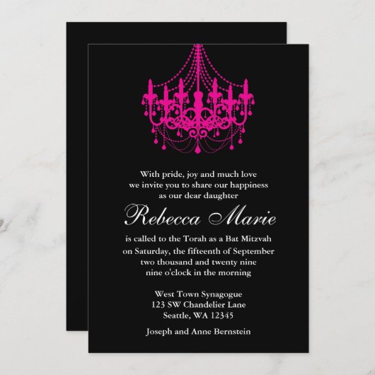 Elegant Black en Hot Pink Chandelier Bat Mitzvah Kaart (Voorkant / Achterkant)