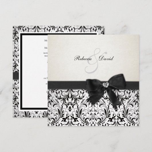 Elegant Black en Ivory Damask met diamantstrik Kaart (Voorkant / Achterkant)