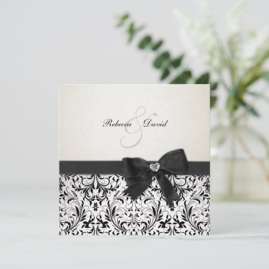 Elegant Black en Ivory Damask met diamantstrik Kaart (Staand voorkant)