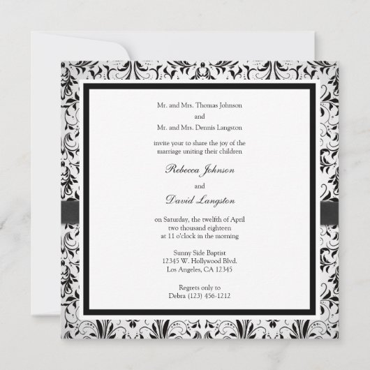Elegant Black en Ivory Damask met diamantstrik Kaart (Achterkant)