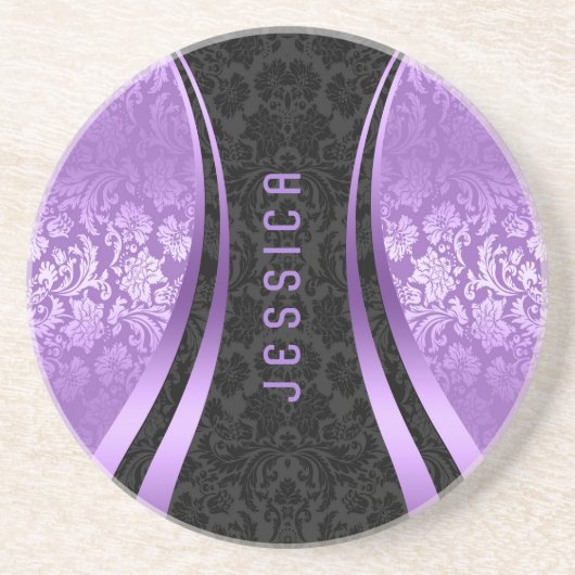 Elegant Black en Lavender Floral Damaskers Zandsteen Onderzetter (Voorkant)