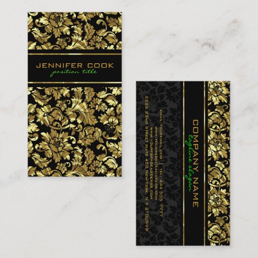 Elegant Black en Metallic Gold Damaskers Visitekaartje (Voorkant / Achterkant)