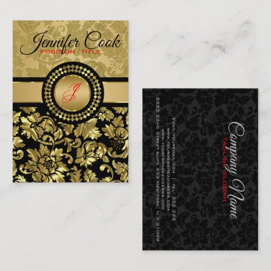 Elegant Black en Metallic Gold Floral Damaskers Visitekaartje (Voorkant / Achterkant)