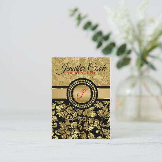 Elegant Black en Metallic Gold Floral Damaskers Visitekaartje (Staand voorkant)