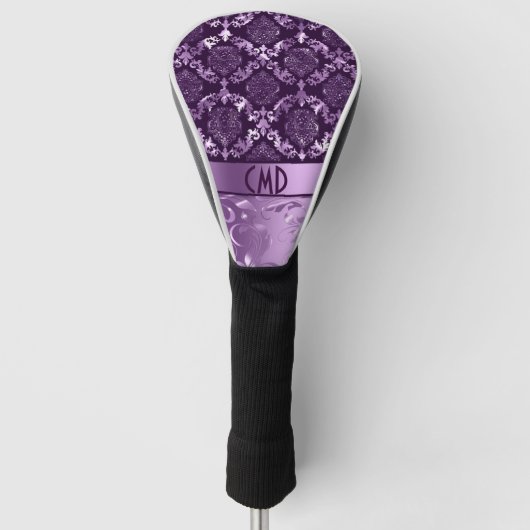 Elegant Black en Metallic Paarse Damaskers & Lace Golfheadcover (Voorkant)