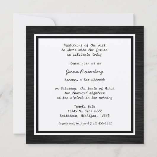 Elegant Black en Metallic Silver Bar Mitzvah Kaart (Achterkant)