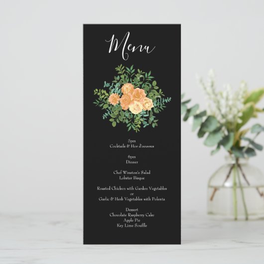 Elegant Black en Peach Roos Wedding Menu (Staand voorkant)