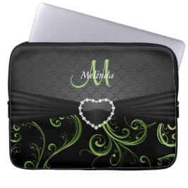 Elegant Black en Peridot Green Floral Pattern Laptop Sleeve