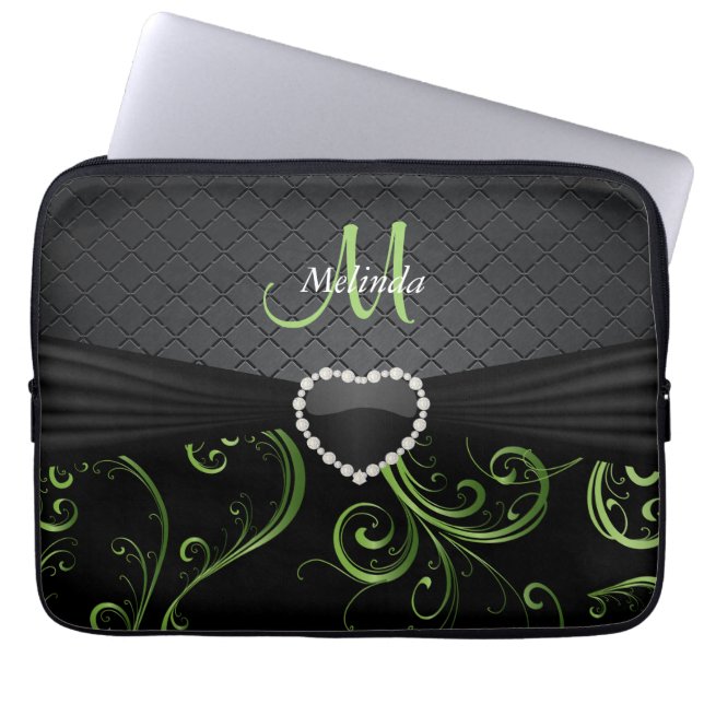 Elegant Black en Peridot Green Floral Pattern Laptop Sleeve (Voorkant)