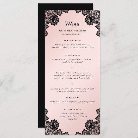 Elegant Black en Pink Floral Lace Wedding Menu (Voorkant / Achterkant)
