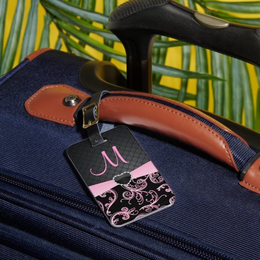 Elegant Black en Pink Floral Pattern Bagagelabel (Voorkant Insitu 1)