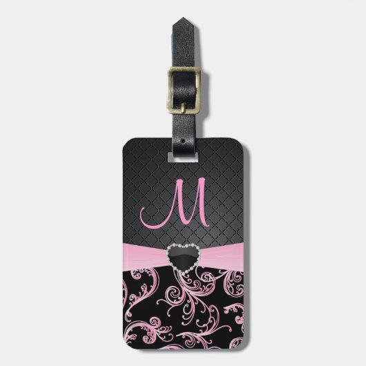 Elegant Black en Pink Floral Pattern Bagagelabel (Voorkant verticaal)