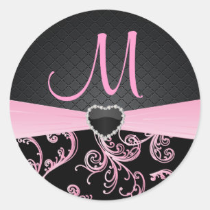 Elegant Black en Pink Floral Pattern Ronde Sticker