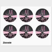 Elegant Black en Pink Floral Pattern Ronde Sticker (Vel)
