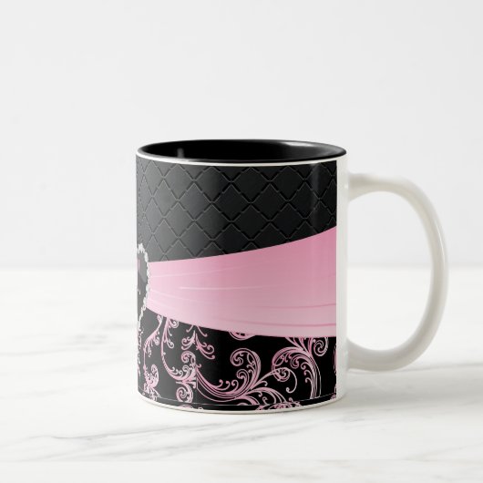 Elegant Black en Pink Floral Pattern Tweekleurige Koffiemok (Rechts)