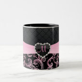 Elegant Black en Pink Floral Pattern Tweekleurige Koffiemok (Center)
