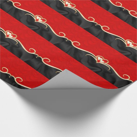 Elegant Black en Red Golden Hearts Romantic Cadeaupapier (Hoek)
