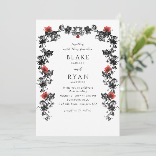 Elegant Black en Red Victoriaans Gothic Wedding Kaart (Staand voorkant)