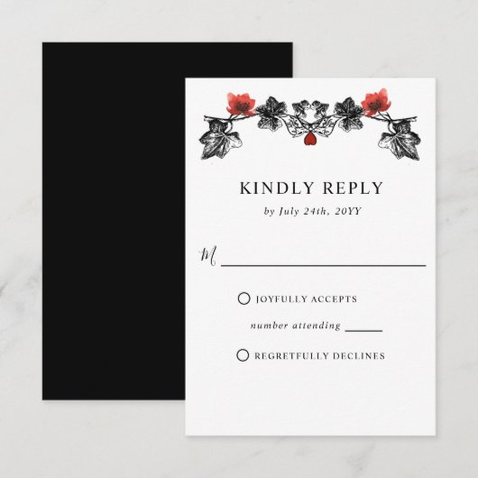 Elegant Black en Red Victoriaans Gothic Wedding RSVP Kaartje (Voorkant / Achterkant)