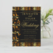 Elegant Black en Rich Gold Damask Invitation Kaart (Staand voorkant)