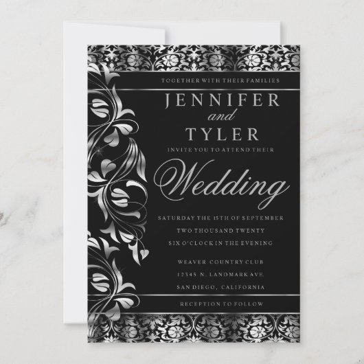 Elegant Black en Rich Silver Damask Invitation Kaart (Voorkant)