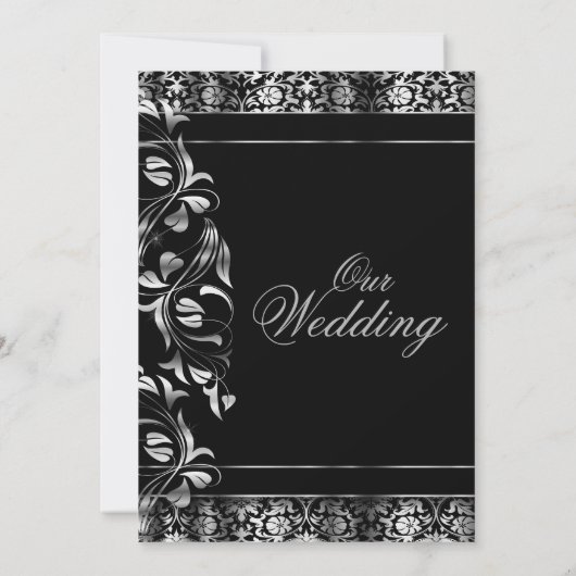 Elegant Black en Rich Silver Damask Invitation Kaart (Achterkant)