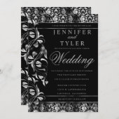 Elegant Black en Rich Silver Damask Invitation Kaart (Voorkant / Achterkant)