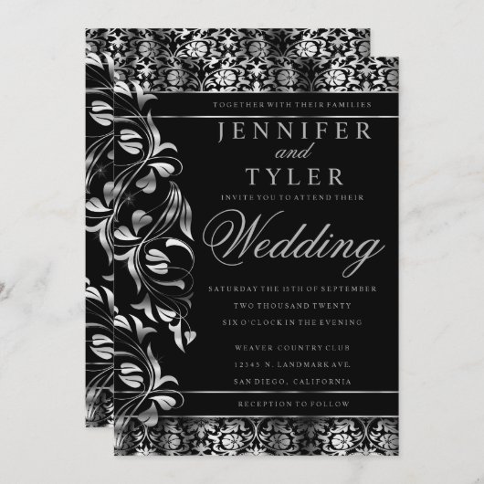 Elegant Black en Rich Silver Damask Invitation Kaart (Voorkant / Achterkant)