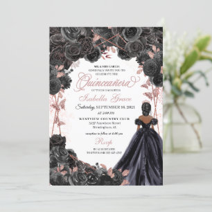 Elegant Black en Roos Gold Floral Quinceanera Inv Kaart
