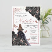 Elegant Black en Roos Gold Floral Quinceanera Inv Kaart (Staand voorkant)