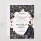 Elegant Black en Roos Gold Floral Quinceanera Inv Kaart (Voorkant)
