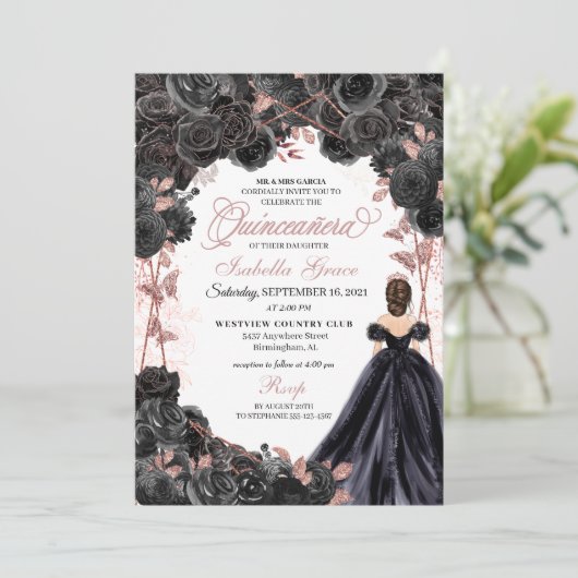 Elegant Black en Roos Gold Floral Quinceanera Inv Kaart (Staand voorkant)