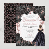 Elegant Black en Roos Gold Floral Quinceanera Inv Kaart (Voorkant / Achterkant)