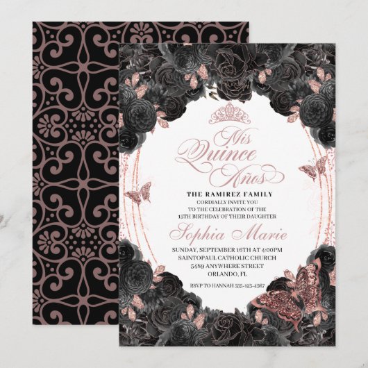 Elegant Black en Roos Gold Floral Quinceanera Kaart (Voorkant / Achterkant)