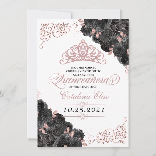 Elegant Black en Roos Gold Floral Quinceanera Kaart (Voorkant)