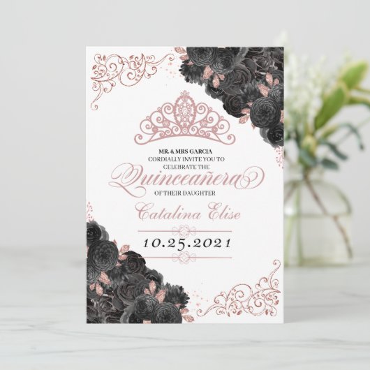 Elegant Black en Roos Gold Floral Quinceanera Kaart (Staand voorkant)