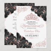Elegant Black en Roos Gold Floral Quinceanera Kaart (Voorkant / Achterkant)