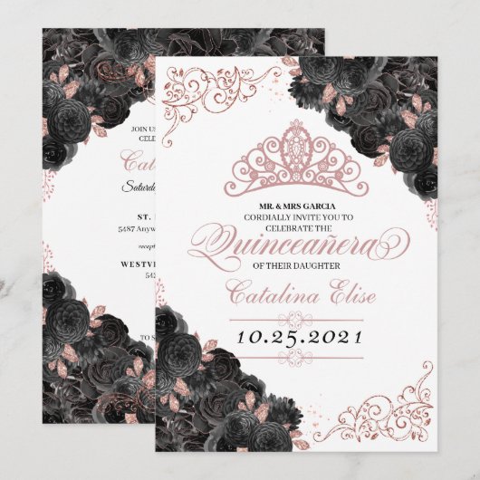 Elegant Black en Roos Gold Floral Quinceanera Kaart (Voorkant / Achterkant)