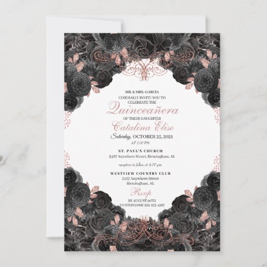 Elegant Black en Roos Gold Floral Quinceanera Kaart (Voorkant)