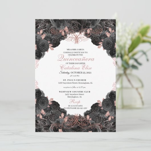 Elegant Black en Roos Gold Floral Quinceanera Kaart (Staand voorkant)