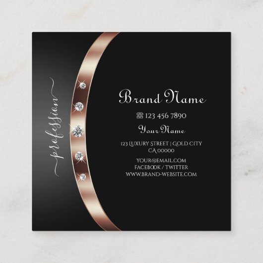 Elegant Black en Roos Gold met Monogram Diamonds Vierkante Visitekaartje (Achterkant)