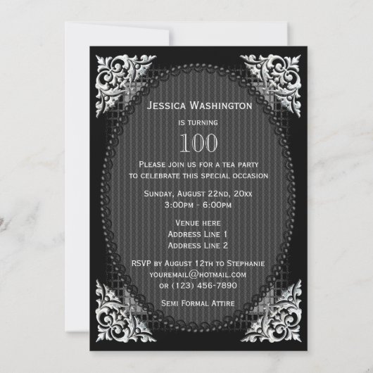 Elegant Black en Silver 100th Birthday Kaart (Achterkant)